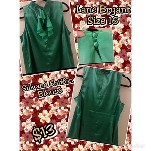 Lane Bryant Green Silk and Chiffon Ruffle Blouse
